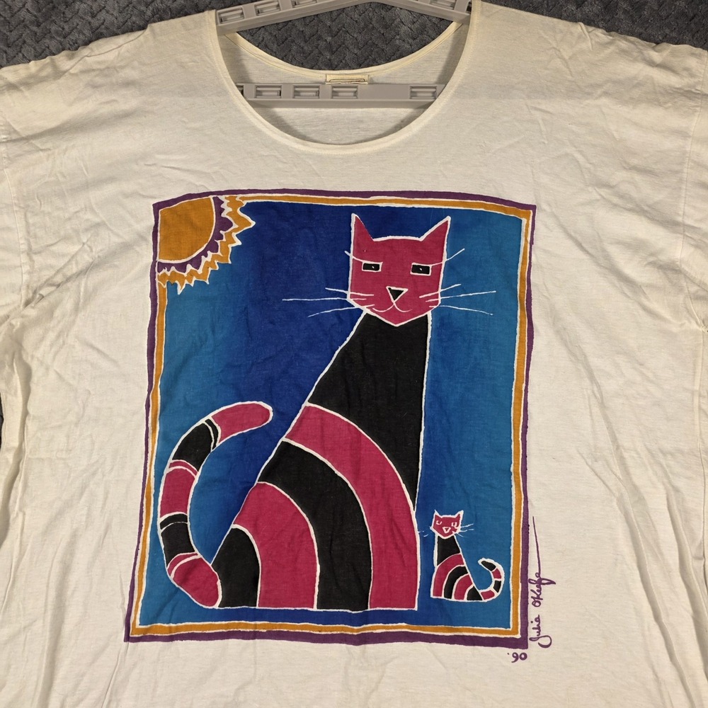 Vintage 1990 Julia O'Keefe Cat Wearable Art‎ T-Shirt Women L Single Stitch White